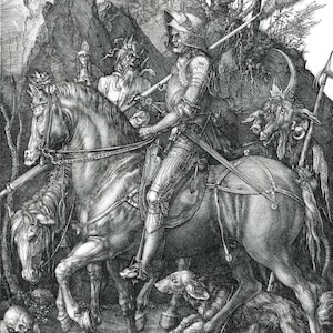 Albrecht Dürer: Il cavaliere Morte e il diavolo (1513) Stampa artistica su tela incorniciata o avvolta in una galleria d'arte Giclée, rimasterizzata digitalmente (D6045)