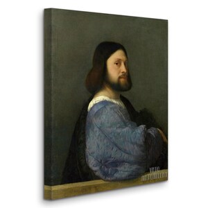 Tiziano: Ritratto di un uomo con una manica trapuntata (1510) Stampa artistica da parete Giclée su tela, incorniciata o avvolta in una galleria, rimasterizzata digitalmente (D6050) 1 Panel Stretched Canvas