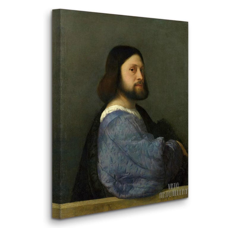 Tiziano: Ritratto di un uomo con una manica trapuntata (1510) Stampa artistica da parete Giclée su tela, incorniciata o avvolta in una galleria, rimasterizzata digitalmente (D6050) 1 Panel Stretched Canvas