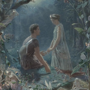 John Simmons: Hermia e Lisandro, Sogno di una notte di mezza estate (1870) Stampa artistica da parete giclée su tela con cornice o avvolto in una galleria (D6050)