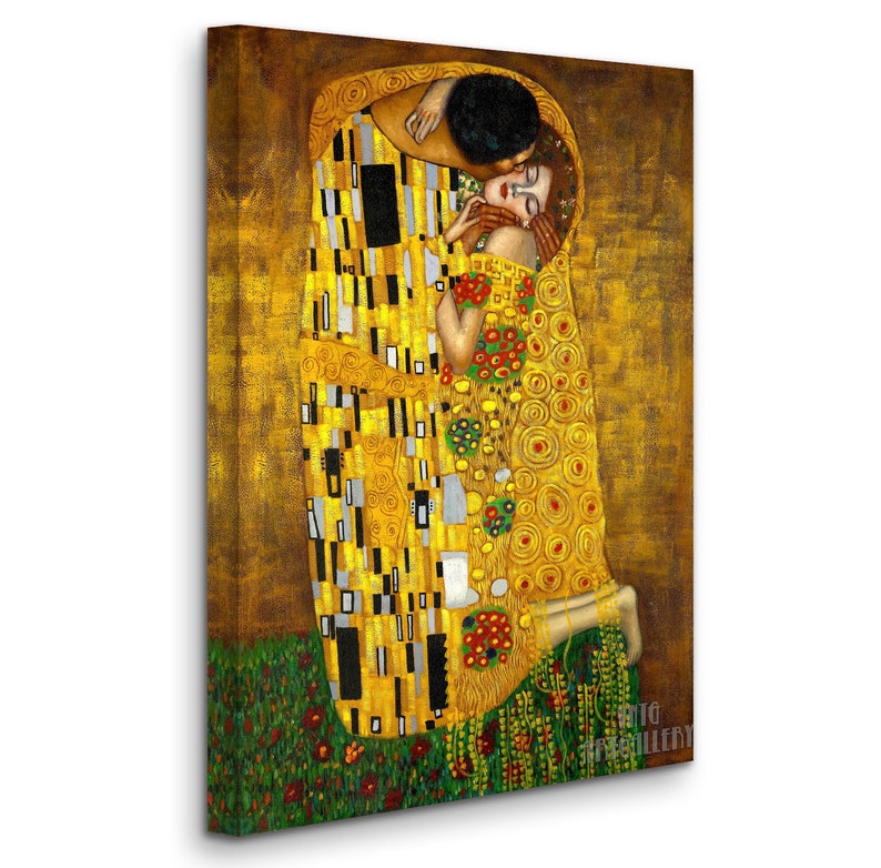 Gustav Klimt : The Kiss 1907-1908 Canvas Gallery Wrapped or Framed Giclee Wall Art Print D6045 1 Panel Stretched Canvas