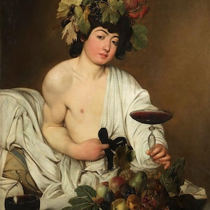 Caravaggio: Baco (1596) Impresión giclée sobre lienzo, enmarcada o enmarcada, remasterizada digitalmente (D6050)