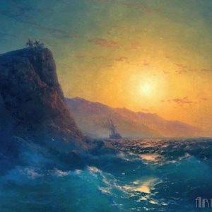 Ivan Aivazovsky: Vista di una costa ripida e rocciosa e di un mare agitato al tramonto Stampa artistica da parete su tela con cornice o avvolto in una galleria (D4060)