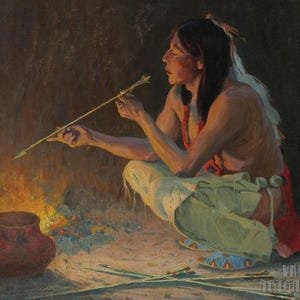 Eanger Irving Couse: El fabricante de flechas (1921). Impresión giclée sobre lienzo, enmarcada o envuelta en galería, remasterizada digitalmente (D5060).