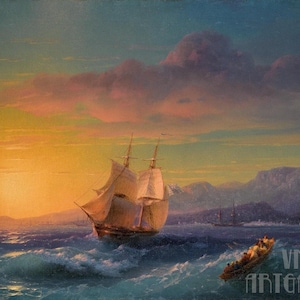 Ivan Aivazovsky : Ship at Sunset off Cap Martin (1850s) Canvas Gallery Wrapped or Framed Giclee Wall Art Print Digitally Remastered (D4060)