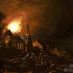 Egbert van der Poel : Fire of a Church with Staffage and Cattle (1658) Canvas Gallery Wrapped or Framed Giclée Wall Art Print (D4560)
