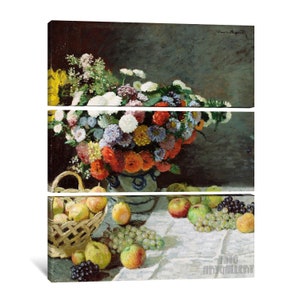 Claude Monet : Nature morte avec fleurs et fruits 1869 Impression giclée d'art murale sur toile tendue ou encadrée D6050 3 Panel Stretched Canvas