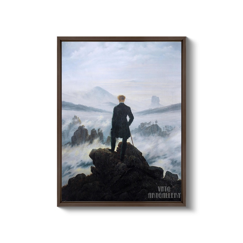 Caspar David Friedrich : Wanderer above the Sea of Fog (1818) Canvas Gallery Wrapped or Framed Giclee Wall Art Print (D6045) Brown Floating Frame Canvas