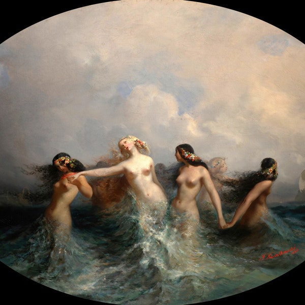 Teofil Antoni Jaksa Kwiatkowski : Syreny (Sirenas) (1845) Galería de lienzos envuelto o enmarcado Giclée Wall Art Print (D4560)