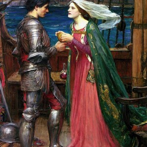 John William Waterhouse : Tristan and Isolde with the Potion (1916) Canvas Gallery Wrapped or Framed Giclee Wall Art Print (D6045)