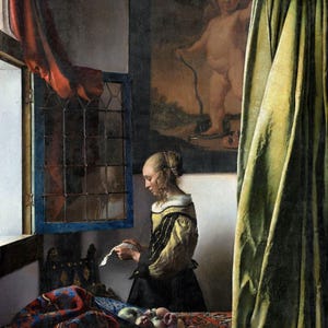 Vermeer: Niña leyendo una carta en una ventana Dresde (Restauración de Cupido 1658) Impresión de arte de pared envuelta en lienzo Giclée (D6050)