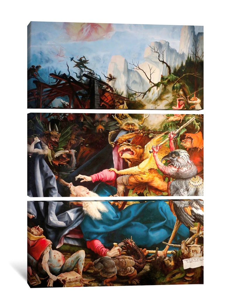 Matthias Grünewald : Isenheim Altarpiece Temptation of Saint Anthony 1515 Canvas Gallery Wrapped or Framed Giclee Wall Art Print D6040 3 Panel Stretched Canvas
