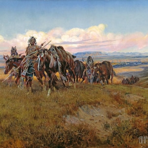 Charles Marion Russell: In the Enemy's Country (1921) Stampa artistica da parete Giclée su tela, incorniciata o avvolta in una galleria, rimasterizzata digitalmente (D4060)