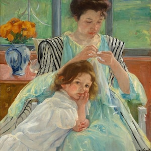 Mary Cassatt: jonge moeder naaien (1900) canvasgalerie gewikkeld of ingelijste giclee muurkunstdruk digitaal geremasterd (D6050)