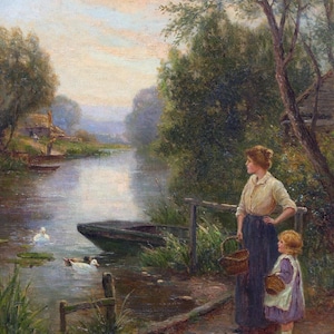 Ernest Charles Walbourn : Pastoral by the River (19th-20th Century) Leinwand Gallerie gewickelt oder gerahmt Giclee Print (D6045)