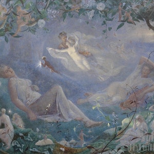 John Simmons: Titania addormentata; una scena da Sogno di una notte di mezza estate (1873) Stampa artistica da parete Giclée su tela con cornice o avvolto in galleria (D4560)