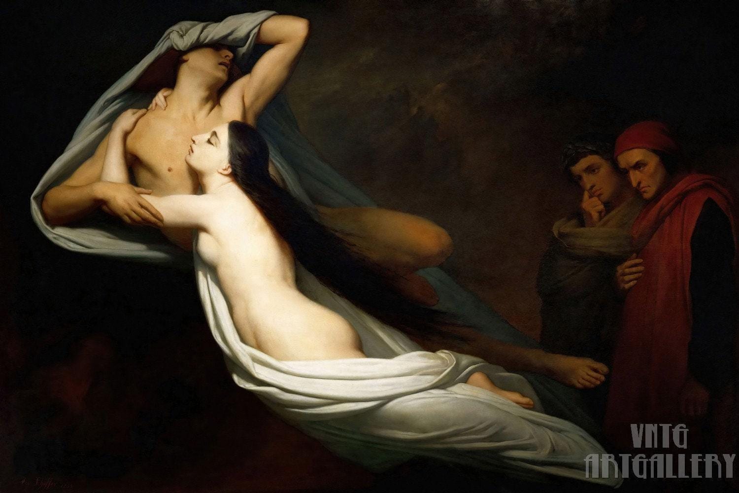 Ary Scheffer : The Ghosts of Paolo and Francesca Appear to Dante and Virgil (1855) Canvas Gallery Wrapped Giclee Wall Art Print (D4060)