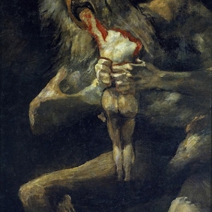 Puede incluir: Una pintura oscura y dramática de una figura monstruosa con un rostro pálido y cabello largo y blanco, sosteniendo una pequeña figura desnuda en sus manos. La figura monstruosa tiene la boca abierta, revelando una fauces sangrienta y abierta.