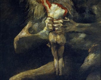 May include: A dark, dramatic painting of a monstrous figure with a pale face and long white hair, holding a small, nude figure in its hands. The monstrous figure has its mouth open, revealing a bloody, gaping maw.