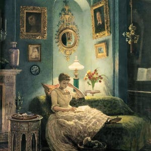Edward John Poynter: Una sera a casa (1888) Stampa artistica su tela, incorniciata o avvolta in una galleria, giclée, rimasterizzata digitalmente (D6045)