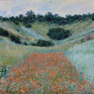 Claude Monet: Campo di papaveri in una conca vicino a Giverny (1885) Stampa artistica da parete Giclée su tela con cornice o avvolto in galleria (D4560)