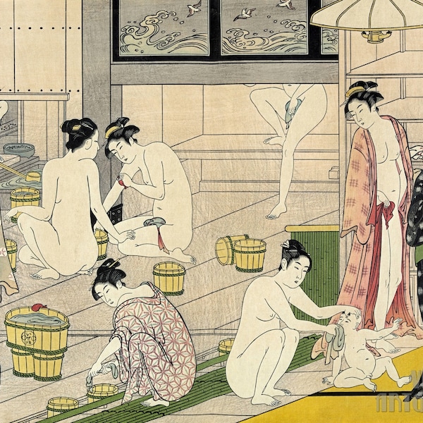 Torii Kiyonaga (1752–1815) : Bathhouse women  Canvas Gallery Wrapped or Framed Giclee Wall Art Print (D4560)