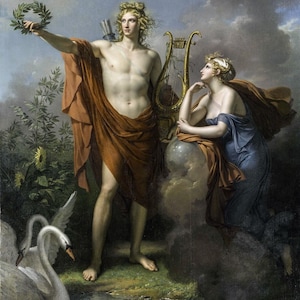 Charles Meynier: Apollo Dio della Luce, dell'Eloquenza, della Poesia e delle Belle Arti (1798) Stampa artistica da parete Giclée su tela con cornice o avvolto in una galleria (D6050)