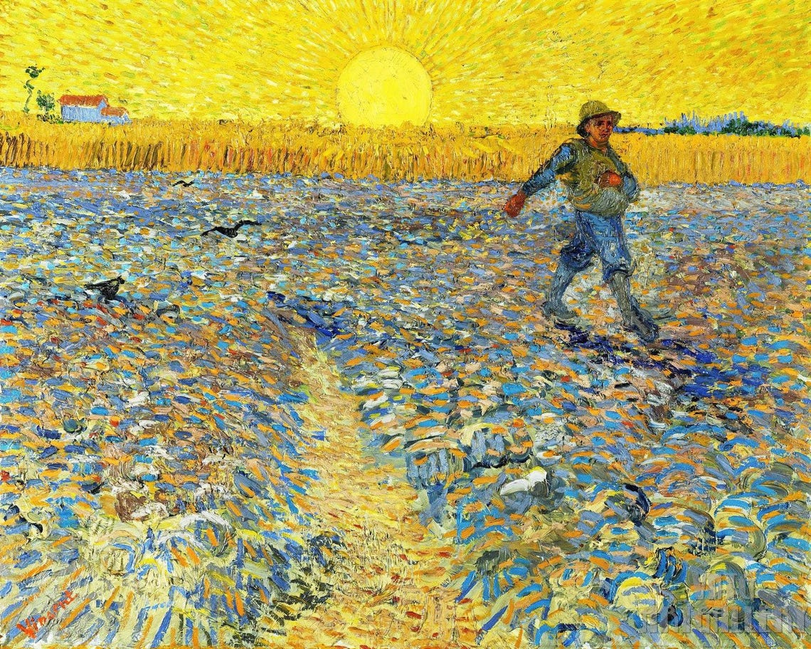 Vincent van Gogh: Il seminatore al tramonto (1888) Stampa artistica da parete giclée su tela, incorniciata o avvolta in una cornice, rimasterizzata digitalmente (D5060) immagine 1