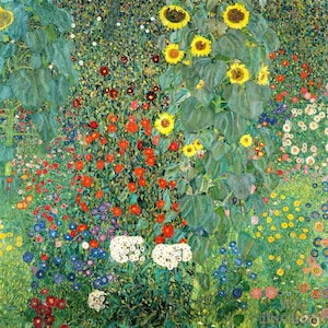 Gustav Klimt: Jardim de fazenda com girassóis (1907) Tela emoldurada ou emoldurada em giclée impressão de parede digitalmente remasterizada (D50)