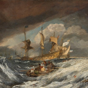 J.M.W. Turner: Barche che trasportano le ancore alle navi da guerra olandesi (1804) Stampa artistica da parete giclée incorniciata o avvolta in tela (D4560)