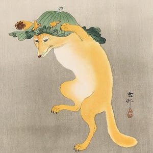 Ohara Koson: Volpe danzante con cappello a foglia di loto (anni '10) Stampa artistica da parete Giclée su tela, incorniciata o avvolta in una galleria, rimasterizzata digitalmente (D6035)