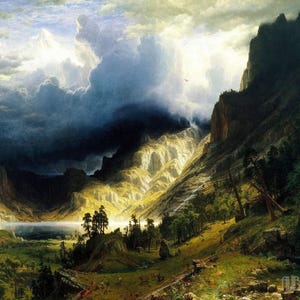Albert Bierstadt: Una tempesta sulle Montagne Rocciose (1866) Stampa artistica su tela incorniciata o avvolta in una galleria d'arte Giclée, rimasterizzata digitalmente (D4060)