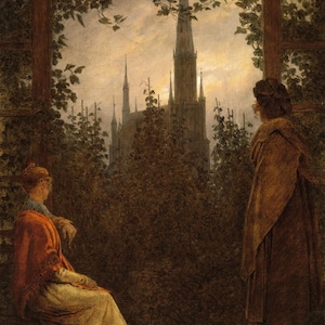 a painting of two people looking out a window