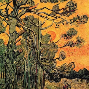 Vincent van Gogh: Pini contro un cielo rosso con sole al tramonto (1889) Stampa artistica da parete su tela con cornice o avvolto in una galleria (D6050)