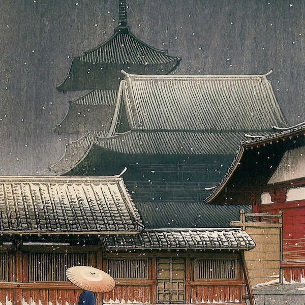Hasui Kawase : Le temple Tennoji d'Osaka, toile tendue ou encadrée, impression d'art mural giclée (D6040)