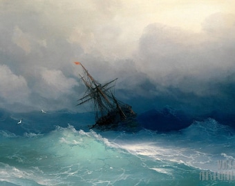 Ivan Konstantinovich Aivazovsky (1817-1900) - Nave su un mare in tempesta Stampa artistica da parete Giclée su tela con cornice o avvolto in una galleria (D4060)