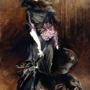 May include: A woman in a black dress and a large black hat with feathers stands with a black dog. The woman is holding a bouquet of purple flowers. The painting is done in a painterly style with loose brushstrokes.