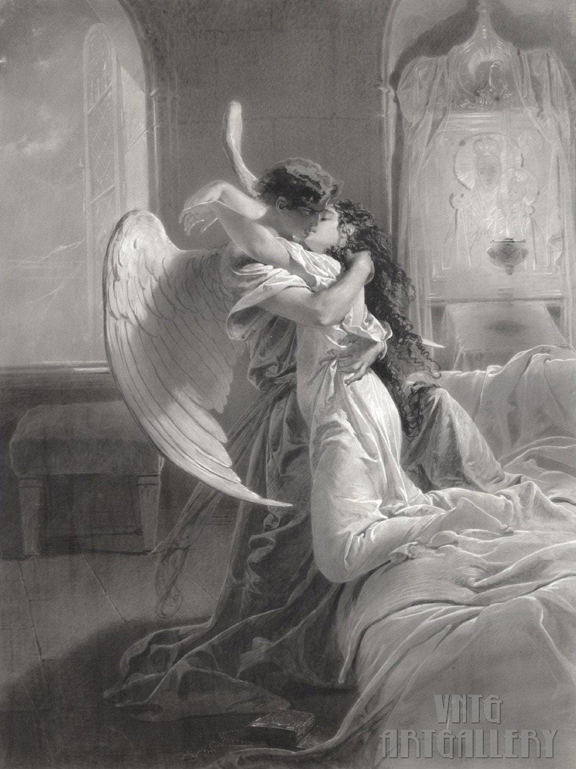 Mihály von Zichy : Rencontre romantique (1864) Impression d'art mural sur toile tendue ou encadrée Remasterisée numériquement (D6045)