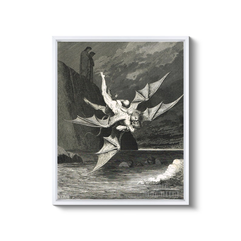 Gustave Doré : Alichino and Calcabrina Fighting over the Pitch 1890 Canvas Gallery Wrapped or Framed Giclee Wall Art Print D6050 White Floating Frame Canvas