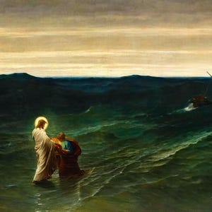 Gustave Brion: Il Signore Gesù camminava sulle onde (1863) Stampa artistica su tela incorniciata o avvolta in una galleria, giclée, rimasterizzata digitalmente (D3560)