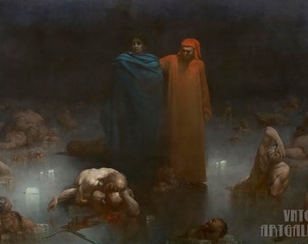 Gustave Dore : Dante et Virgile dans le neuvième cercle de l'enfer (1860) Impression giclée d'art mural sur toile tendue ou encadrée (D4060)