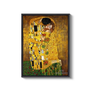 Gustav Klimt : The Kiss 1907-1908 Canvas Gallery Wrapped or Framed Giclee Wall Art Print D6045 Black Floating Frame Canvas