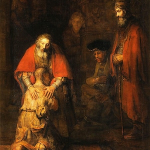 Rembrandt: Il ritorno del figliol prodigo (1663) Stampa artistica su tela incorniciata o avvolta in una galleria d'arte Giclée, rimasterizzata digitalmente (D6045)