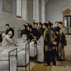 Luis Jiménez Aranda: La stanza dell'ospedale durante la visita del capo (1889) Stampa artistica da parete Giclée su tela con cornice o avvolto in galleria (D4060)