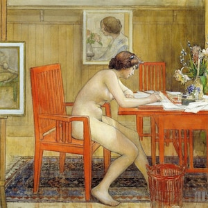 Carl Larsson: Modell schreiben Postkarten (1906) Leinwand Galerie gerahmt Giclee Wand Kunst Druck digital remastered (D4060)