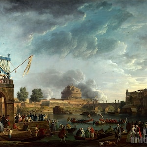 Claude Joseph Vernet: Una gara sportiva sul Tevere a Roma (1750) Stampa artistica da parete giclée su tela con cornice o avvolto in una galleria (D4560)