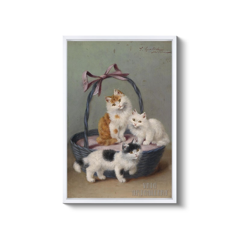 Sophie Sperlich : Katzen Im Korb c1906 Canvas Gallery Wrapped Giclee Wall Art Print D6040 White Floating Frame Canvas