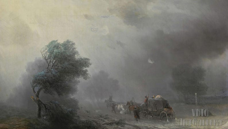 Ivan Aivazovsky : Carriage in a Storm (1887) Canvas Gallery Wrapped or ...