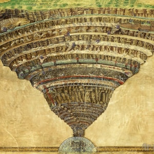 Sandro Botticelli: La mappa dell'Inferno - Dante La Divina Commedia (1485) Stampa artistica da parete Giclée su tela con cornice o avvolto (D4060)