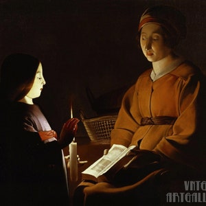 Georges de La Tour: L'educazione della Vergine (c1650) Stampa artistica su tela incorniciata o avvolta in una galleria d'arte Giclée, rimasterizzata digitalmente (D5060)